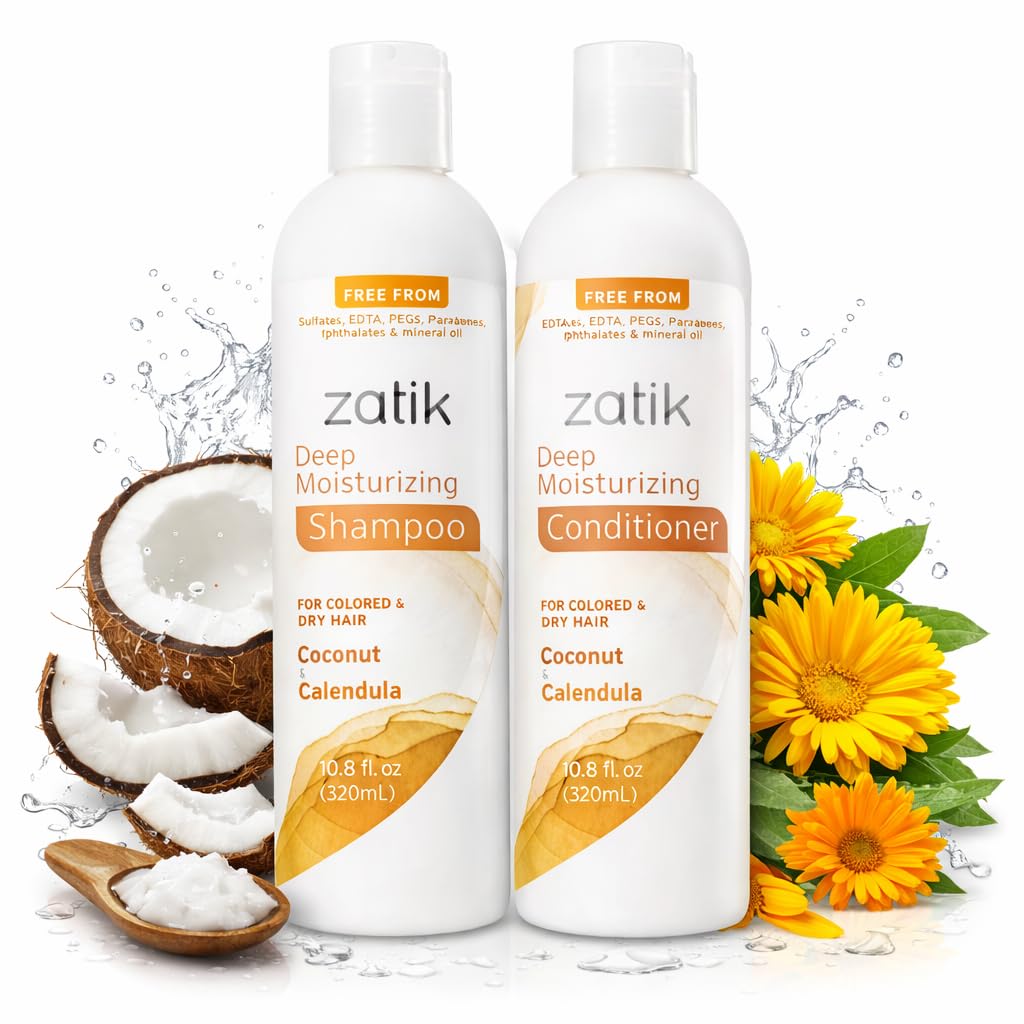 Zatik Naturals Deep Moisturizing Shampoo & Conditioner Set - Coconut & Calendula for Colored, Dry Hair | 10.8 fl oz Each