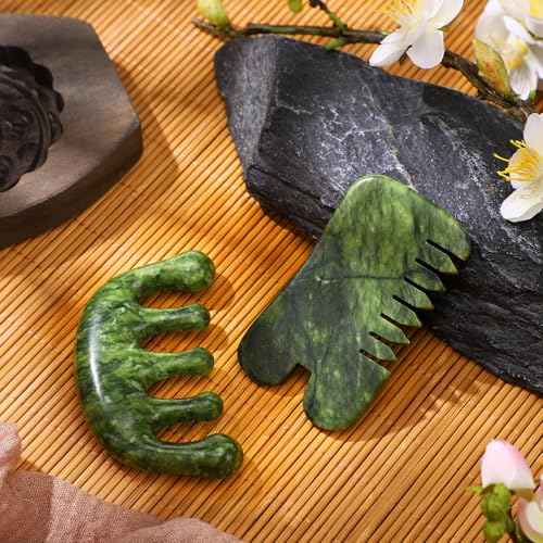BBTO 2 Pcs Jade Comb for Scalp Massage Gua sha Comb for Head Body spa Hair Multifunctional Handheld Massage Tools (Classic, Natural)