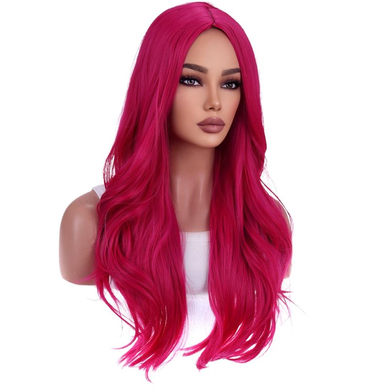 Hot Pink Wig for Women - Long Curly Synthetic Middle Part Wig | Perfect for Cosplay & Costume Parties