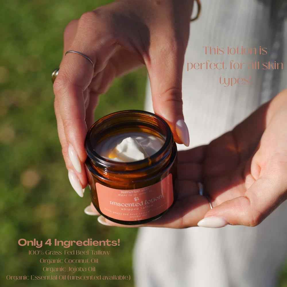 100% Grass Fed & Organic Whipped Beef Tallow Lotion - All Natural - Body + Face Mosturizer for All Skin Types