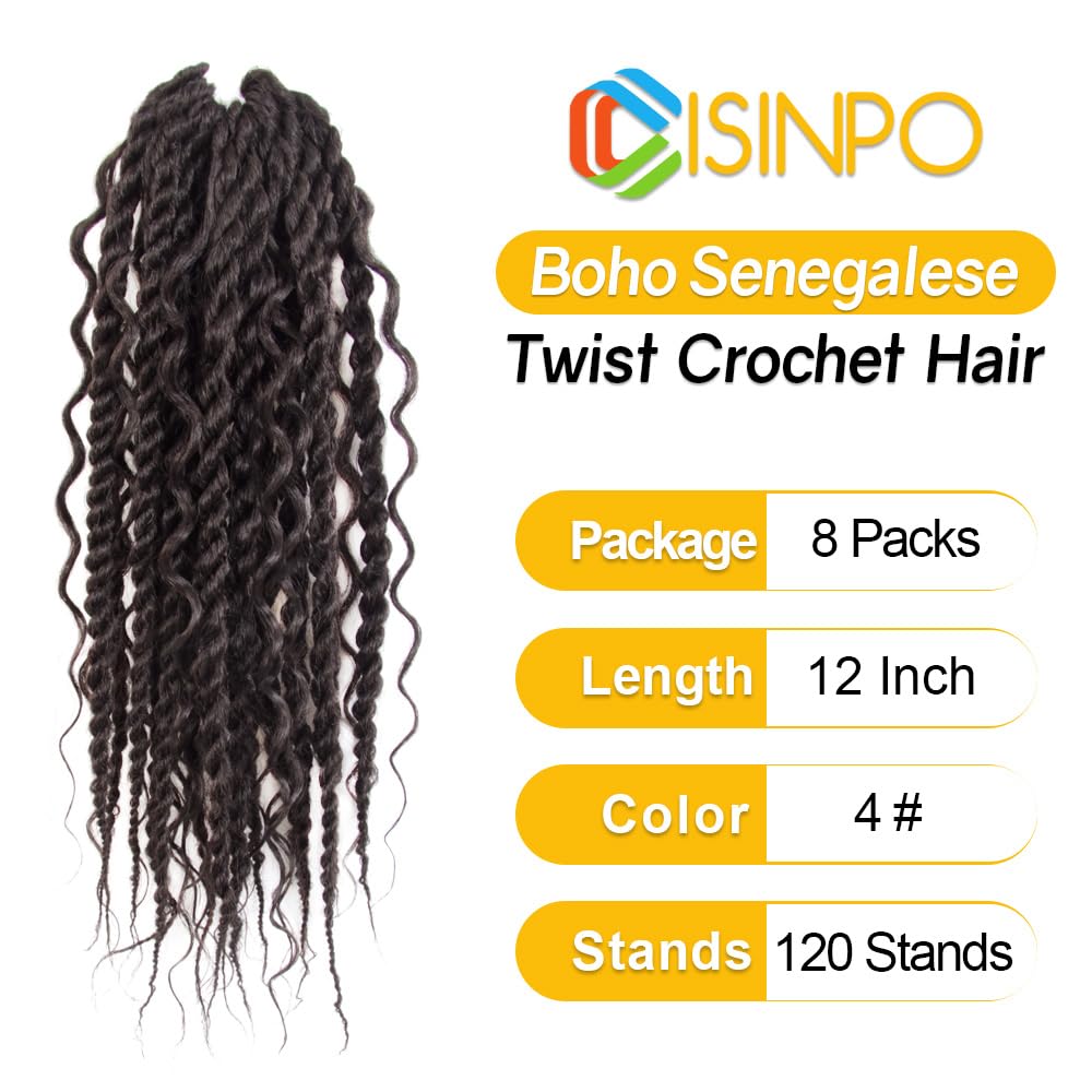 CISINPO Boho Twist Crochet Hair 24 Inch, 8 Packs Wavy Senegalese Twist Crochet Hair with Curly Ends, Black Pre-Looped Pre-Twisted Island Style Goddess Passion Braids (120 Strands, 1B)
