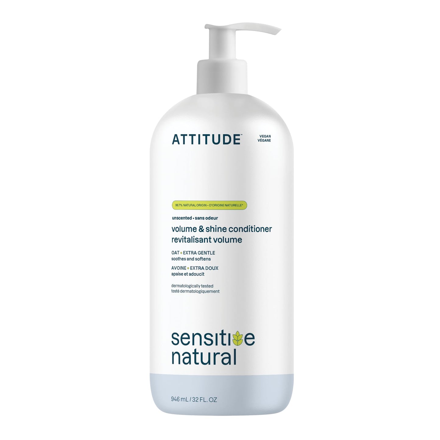 ATTITUDE Hair Conditioner for Sensitive Dry Scalp, Soothing Oat, Naturally Derived Ingredients, Dermatologically Tested, Vegan Detangler, Extra Gentle, Unscented, 32 Fl Oz