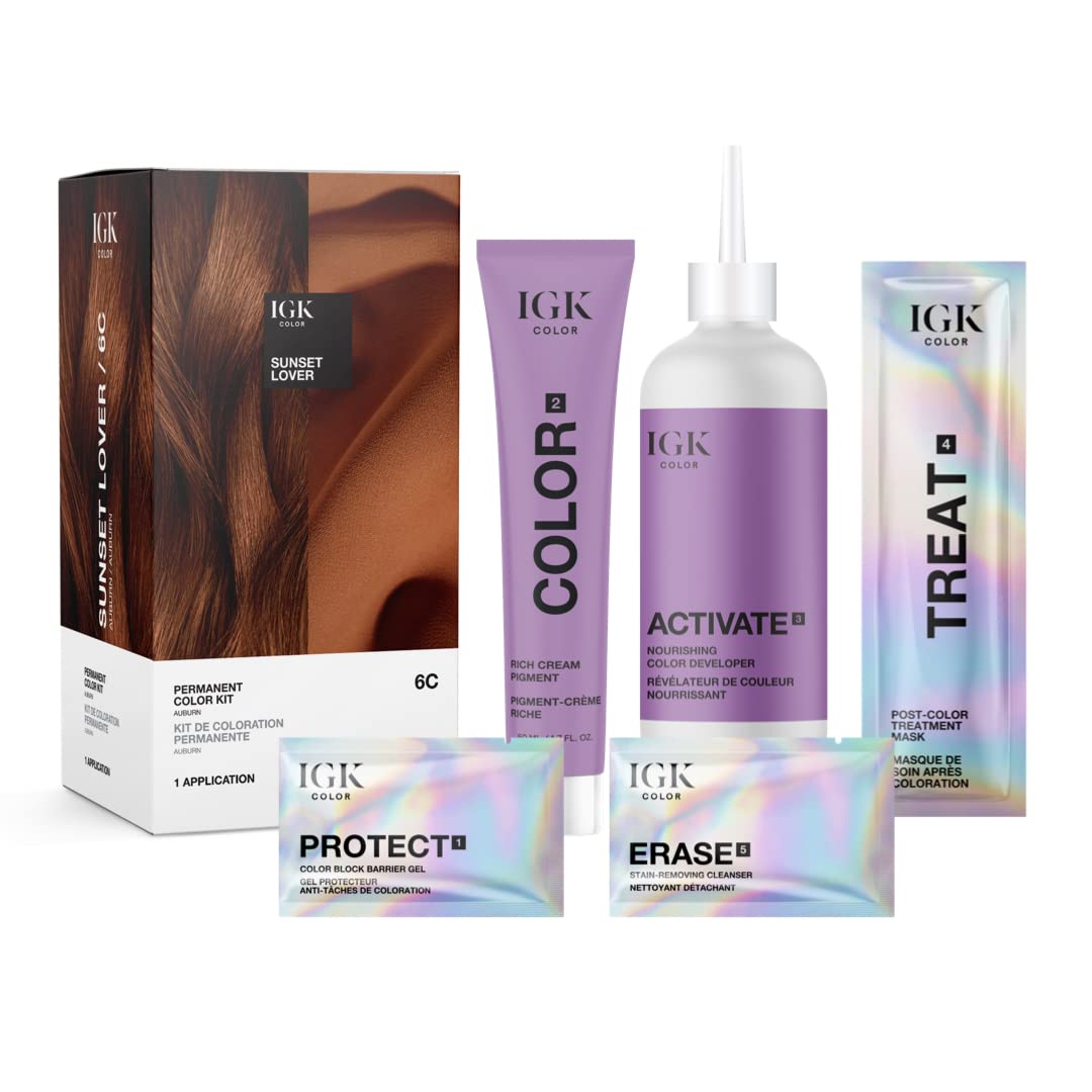 IGK Permanent Hair Dye Color Kit | SUNSET LOVER - Auburn 6C | Easy Application + Strengthen + Shine | Vegan + Cruelty Free + Ammonia Free | 4.75 Oz