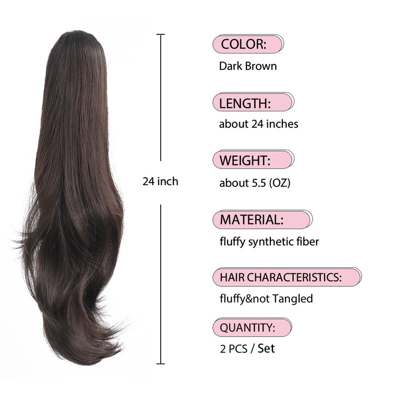 HSPJHTM Dark Brown Ponytail Extensions,2 PCS Ponytails Extensions for Women 24" Synthetic Claw Clip in Pony Tail Hair Extentions Halloween Fluffy Hairpiece for Daily Use