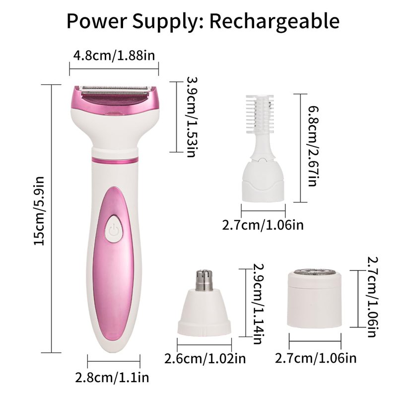 Electric Razor for Women, Bikini Trimmer Womens Shaver for Face Nose Eyebrow Body Leg Pubic Underarm Arm Ladies Rechargeable 4 in 1 Hair Removal Kit Painless Trimming, Gifts for Women (Pink)