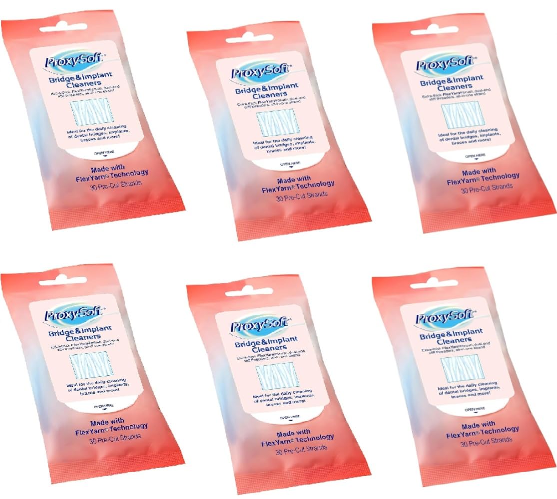 Proxysoft Dental Floss for Bridges and Implants 6 Packs - Floss Threaders for Bridges, Dental Implants, Braces with Extra-Thick Proxy Brush for Optimal Oral Hygiene -Teeth Bridge and Implant Cleaners