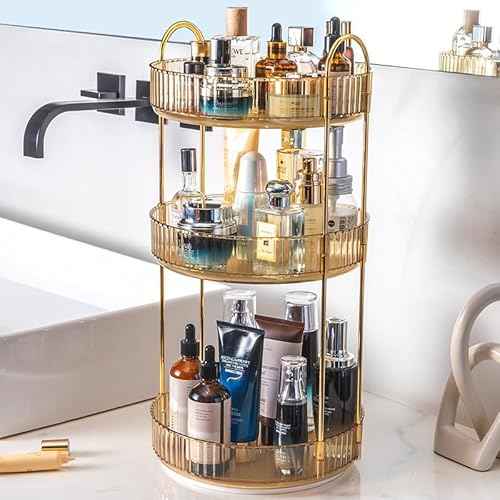 Makeup Organizer for Vanity, 360¡Æ Rotating Bathroom Organizer Countertop, High-Capacity Skincare Organizer, Spinning Cosmetics Organizer for Dresser Countertop (3 Tiers, Amber)