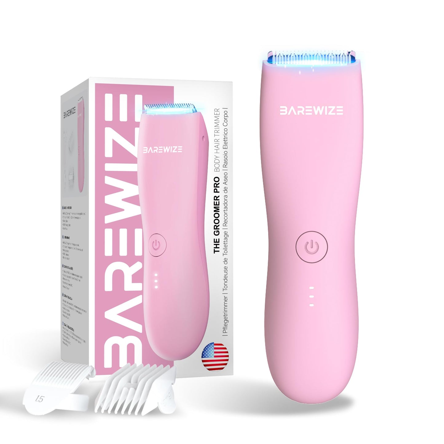 BAREWIZE Bikini Trimmer for Women, Pubic Hair Trimmer | Waterproof, USB-C Rechargeable, LED Light, Replaceable Blade | Electric Razors for Women, Electric Lady Shaver (Blush Pink)