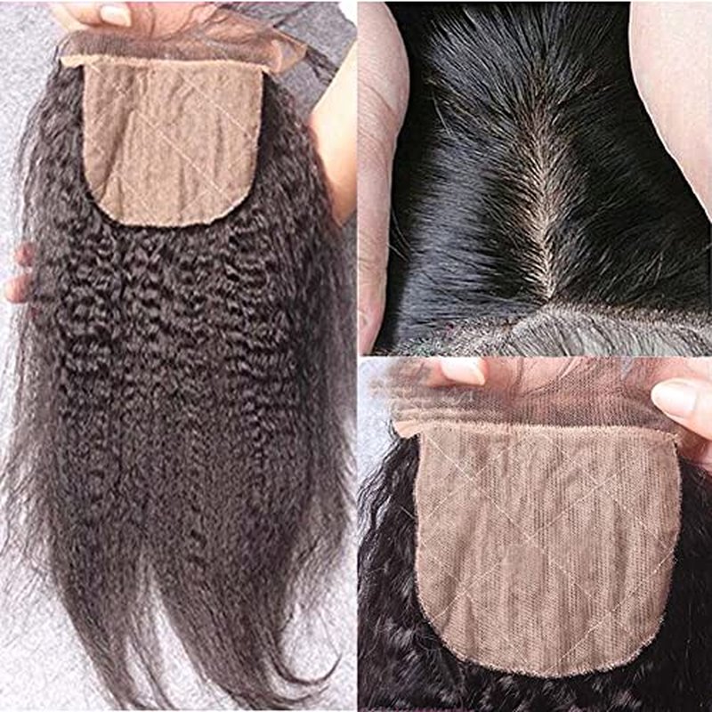Silk Base Top Closure Yaki Straight Bleached Hidden Knots Free Part 4x4 Fake Scalp Lace Closure With Baby Hair Unprocessed Virgin Kinky Straight Human Hair Closure 10" inch