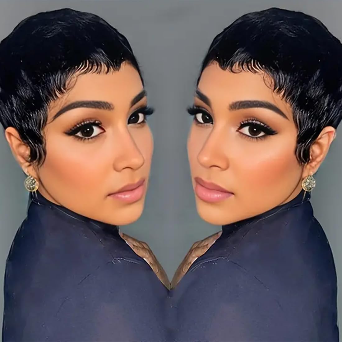 Waveme Short Human Hair Wigs for Black Women Put on and Go Glueless Wig Short Curly Wigs Pixie Cut Curly Wigs With Bangs Black 1b Color