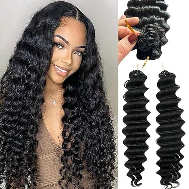 100% Human Hair Knotless Pre-Separated Crochet Hair Extensions Deep Culry Feather Hair Deep Wave Feather Line Hair Extensions Natural Color 14Inch 120g