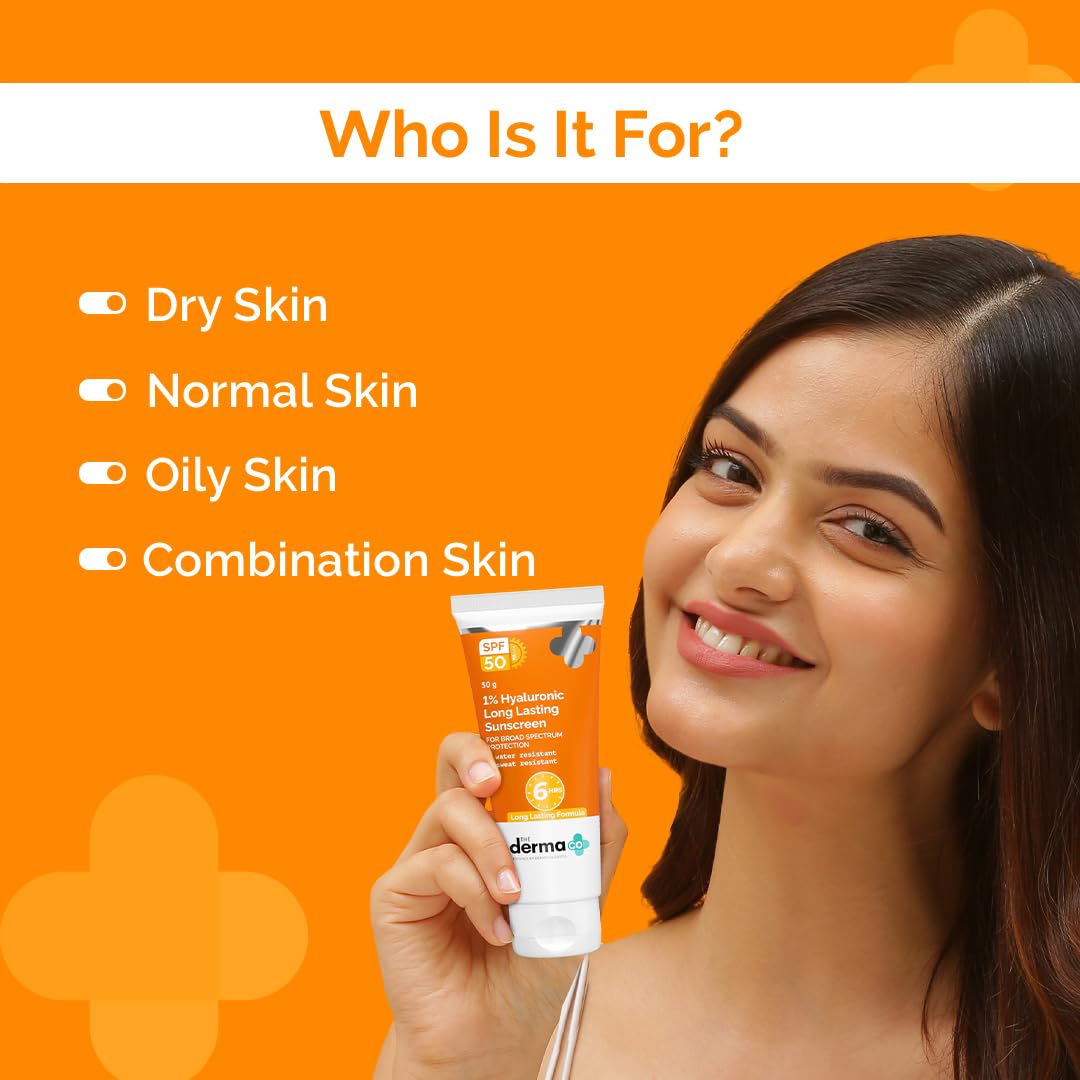 The Derma Co 1% Hyaluronic Long Lasting Sunscreen SPF 50 PA++++ With Hyaluronic Acid & Vitamin E For Broad Spectrum Protection Upto 6H Sun Protection Water & Sweat Resistant No Reapplication Needed
