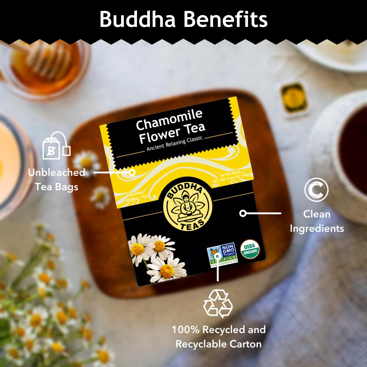 Buddha Teas - Organic Chamomile Flower Tea - Herbal Tea - For Health & Wellbeing - With Antioxidants & Minerals - Clean Ingredients - Caffeine Free - OU Kosher & Non-GMO - 18 Tea Bags (Pack of 1)