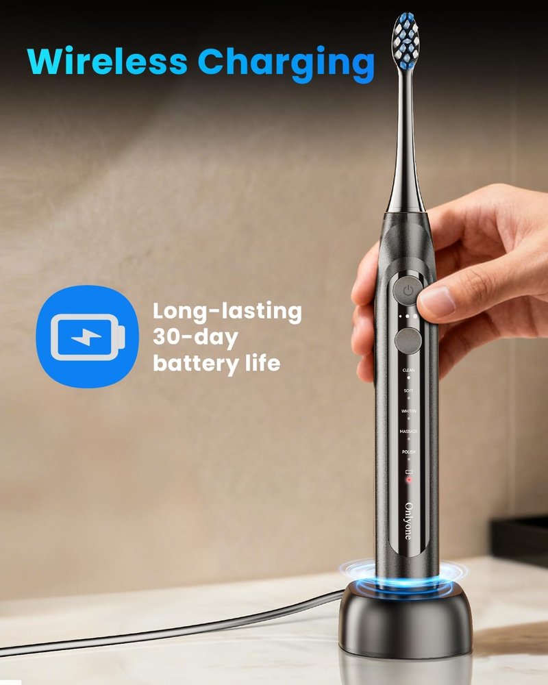 Ultrasonic Electric Toothbrush for Adults - Rechargeable with 8 Brush Heads & Travel Case | 5 Modes, Smart Timer