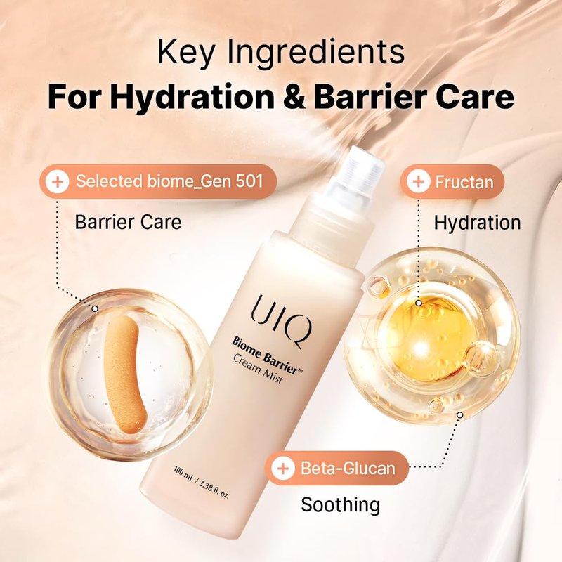 UIQ Biome Barrier Cream Mist, Skin Microbiome-Powered Face Mist with Hyaluronic Acid & Niacinamide, Deep Hydration, Glow & Soothing, Korean Skin Care, 100ml / 3.38 fl. oz.