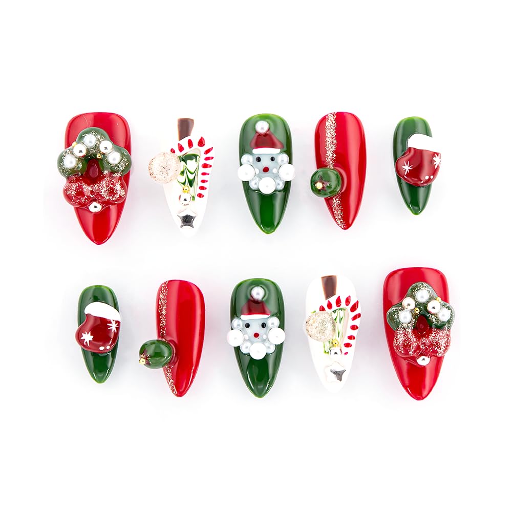 ROSELYNNE Press On Nails – 10PCS Christmas Design with 3D Santa, Wreath, Stocking & Candy Cane, Red & Green Holiday False Nails, Reusable Festive Glue-On Nails for Women