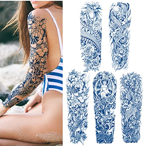 Aresvns Semi Permanent Sleeve Tattoo for Men and Women, 5 Sheets Realistic Temporary Tattoos for BBQ Pool Beach Party, Japanese Full Arm Waterproof Long-Lasting 2-3 Weeks Christmas Gift