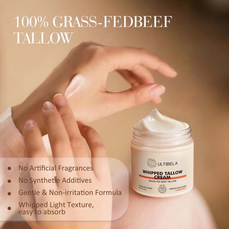 ULTIBELA Beef Tallow for Skin, 100% Grass-Fed Whipped Tallow and Honey Balm for Body ＆ Face Natural Body Cream for Dry & Sensitive Skin Care 4OZ (Unscented)