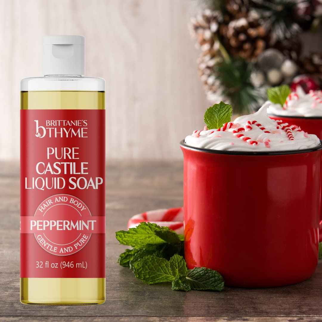 Brittanie’s Pure Castile Liquid Soap Refill, Peppermint, 32 Ounce | Dish Soap, Hair & Body, Home, Gentle and Pure, Made with Natural Luxurious Oils, Vegan & Gluten Free Non-GMO