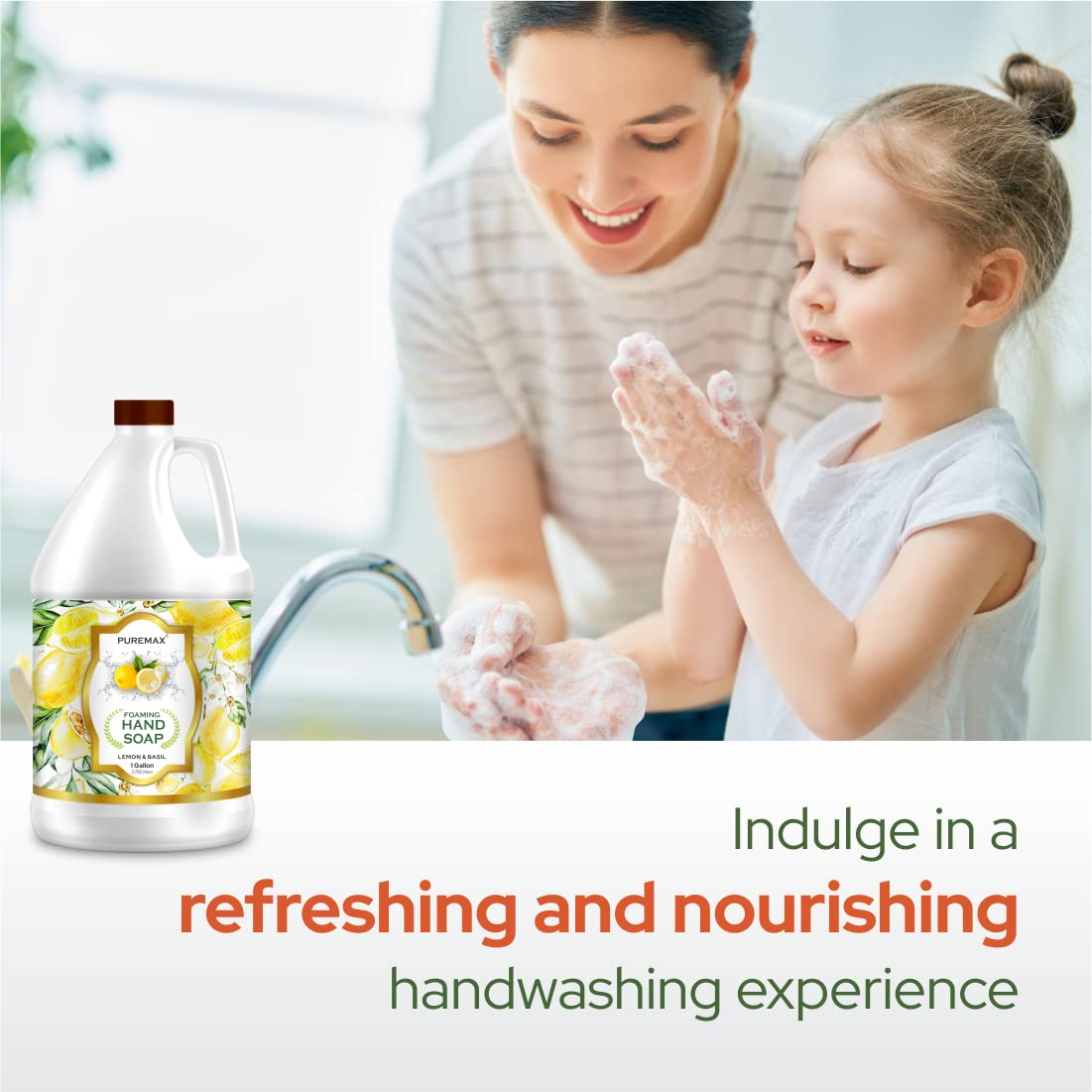 Puremax Foaming Hand Soap Refill 1 Gallon (128 Fl Oz), Lemon Basil Scent, Rich & Creamy Foam, For Foaming Dispensers Only, Bulk Size, Made in USA