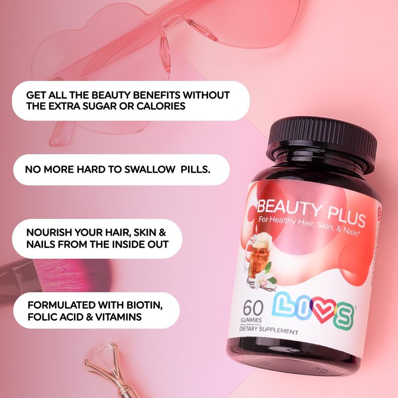 LIVS Beauty Plus Gummy Vitamins - Biotin Gummies for Hair, Skin and Nails | Natural, Gluten-Free, Non-GMO Beauty Supplement with Vitamins A, C, E, B12, D2, Zinc & More - Cream Soda Flavor - 120 Ct