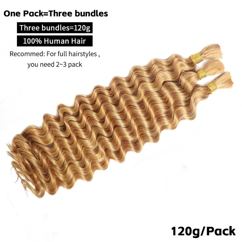 27 Blonde Boho Human Braiding Hair 120g Curly for Boho Braids Bohemian 100% Human Hair for Braiding Wet and Wave Deep Wave Bulk Human Hair for Boho Knotless Braids No Weft 3 Bundles 14inch