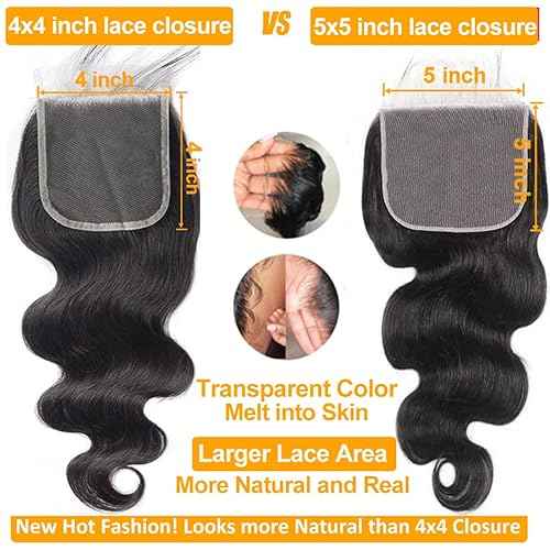 QTHAIR 16A 5x5 Body Wave HD Closure Human Hair Transparent Lace Closure 14inch Top Swiss Lace Closure Brazilian Virgin Hair Body Wave 150% Density Pre Plucked Natural Hairline Baby Hair