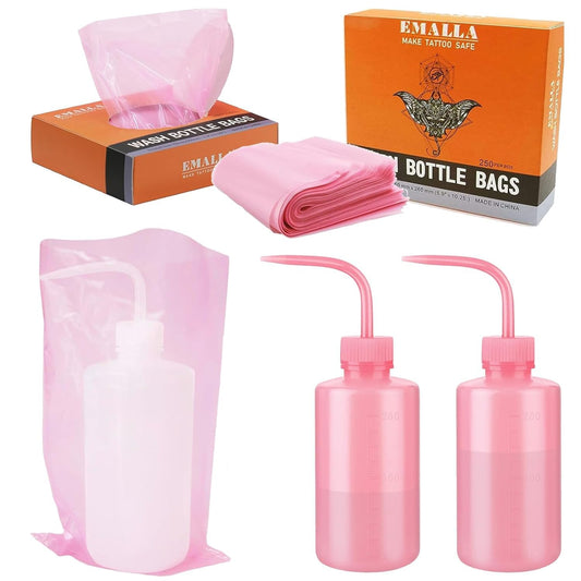 Tattoo Bottle Bags with 2pcs Squeeze Bottles -LEEYUKA 250pcs Pink Wash Bottle Covers With 2pcs 250ml Bottles Squeeze Bottle Sleeves for Tattoo Bottles Pink Tattoo Supplies