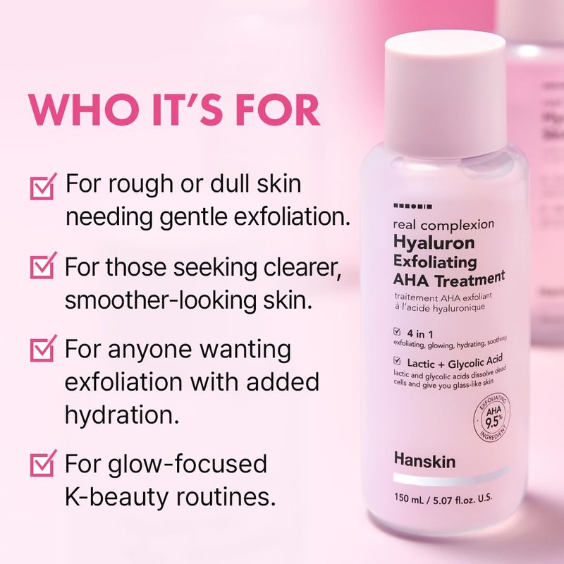 Hanskin Hyaluron Exfoliating AHA Treatment – Korean Exfoliating Toner with Glycolic & Lactic Acid for Smooth, Hydrated, Glass Skin | pH-Balanced Daily Skin Booster for Dull, Dry Skin, 5.07 fl oz