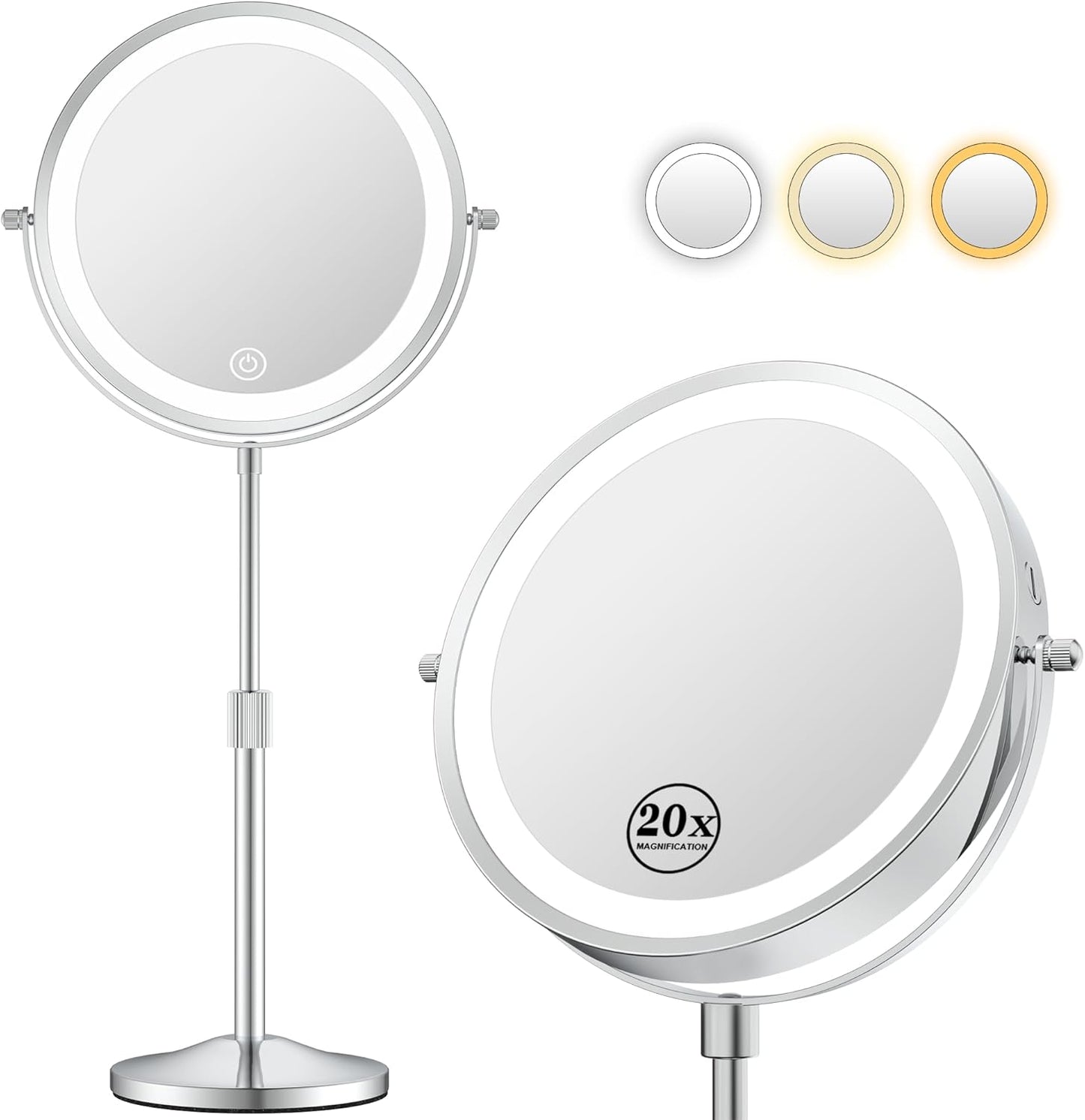Lighted Makeup Mirror - Height-Adjustable 1X/20X Magnification | 360° Swivel, Dimmable 3 Color Options, Perfect Gift for Women