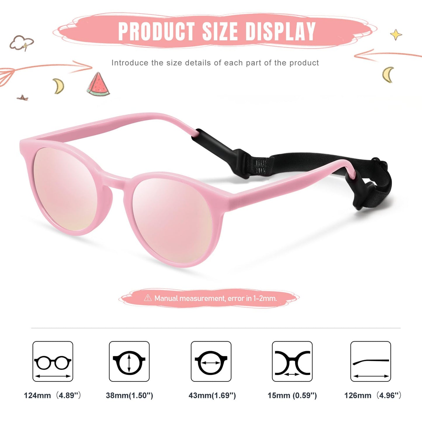 Vcarsian Cute Kids Polarized Sunglasses,Baby Sun Glasses with Strap for Toddler Girls Boys Flexible Round UV Protection Glasses Age 0-6