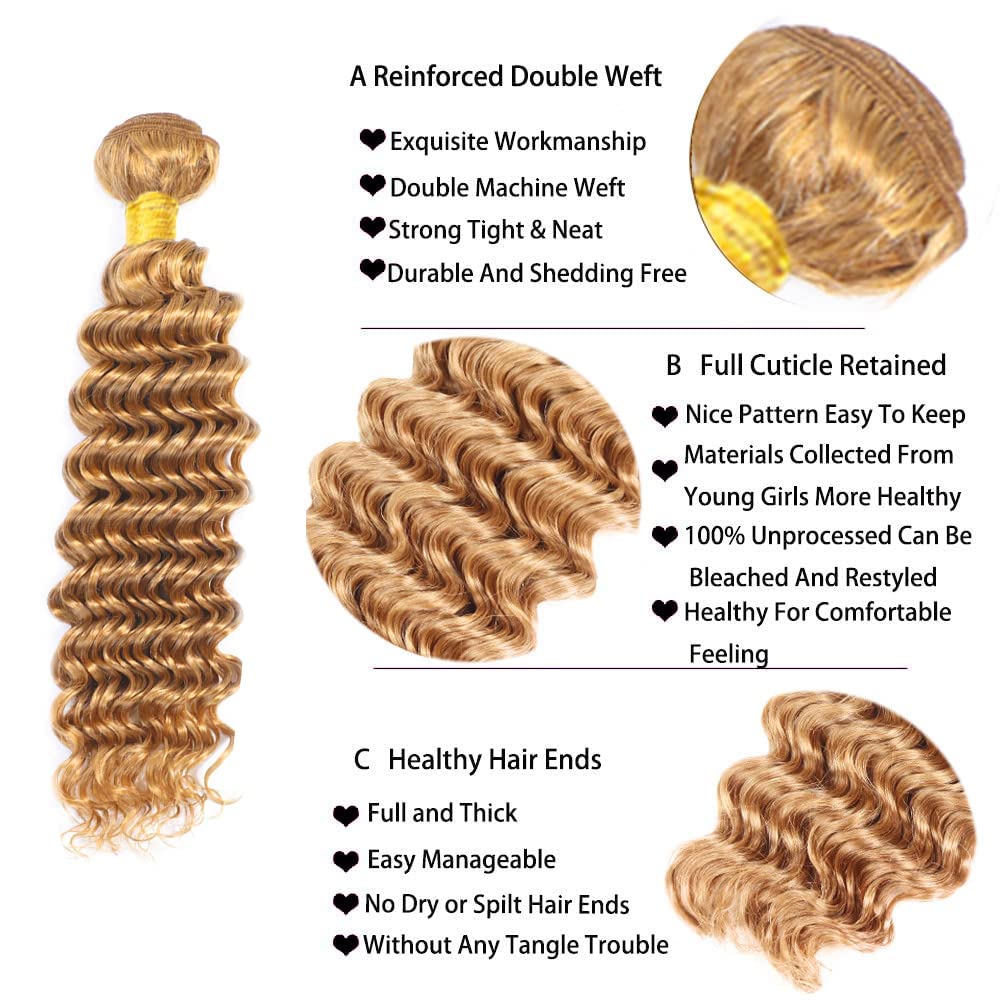 Giginger Brazilian Human Hair Bundles 12 14 16 Inch Honey Brown 27 Color Deep Wave Bundles Human Hair 300g Unprocessed Virgin Quick Weave Hair for Black Women