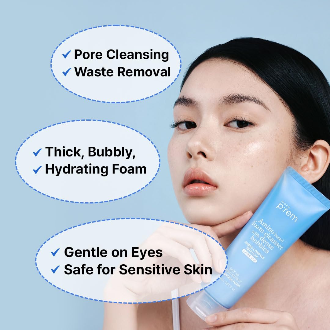 MAKE P:REM Safe Me. Amino Refresh Cleansing Foam, Korean Face Wash, Instant Deep Pore Cleansing, Gentle Exfoliation with BHA & LHA, Korean Skin Care, 5.07 fl.oz. (150mL)