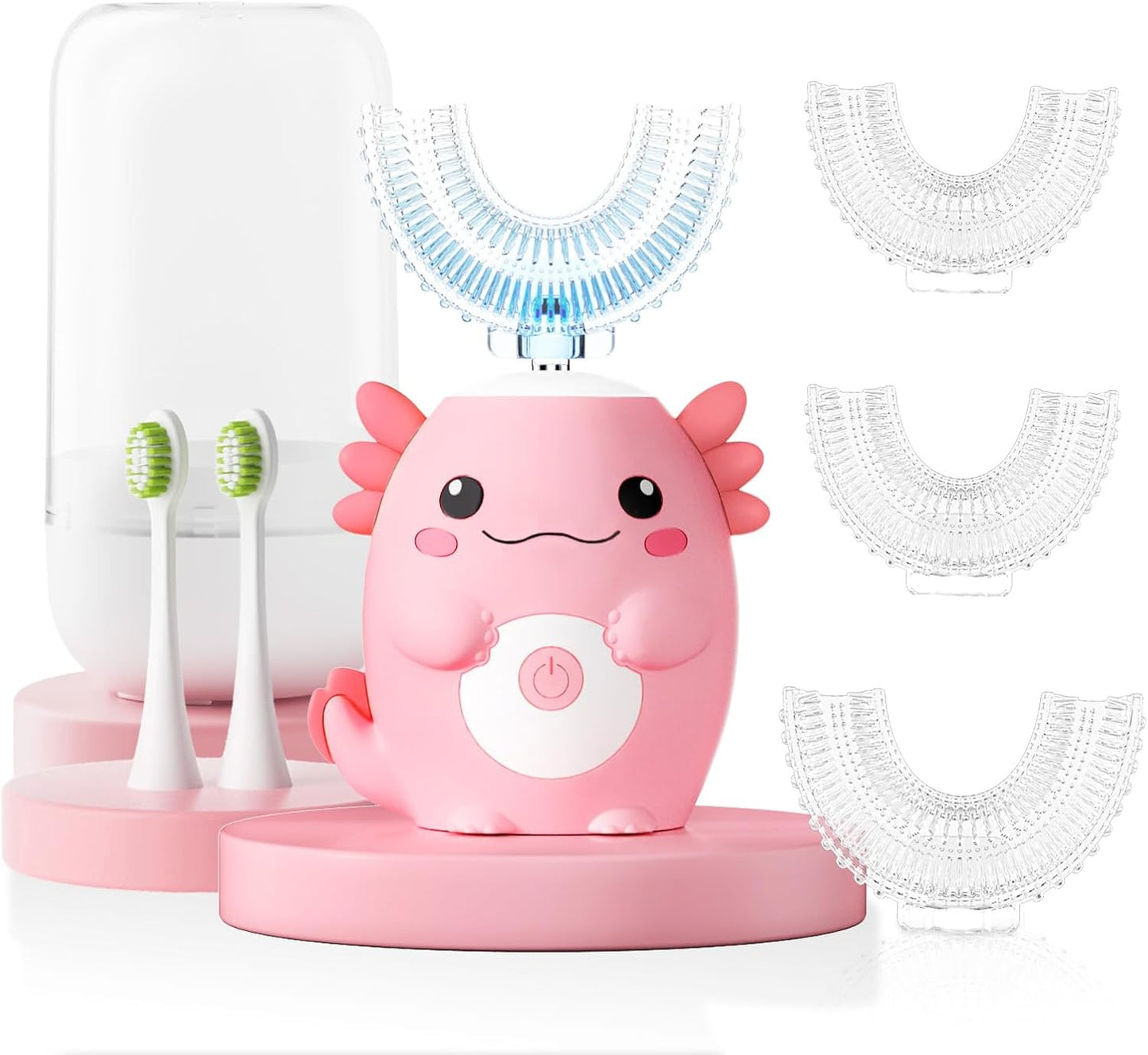 Kids Electric U-Shaped Toothbrush - Cartoon Axolotl Sonic Brush with 6 Heads & 6 Modes | Age 2-15, Pink