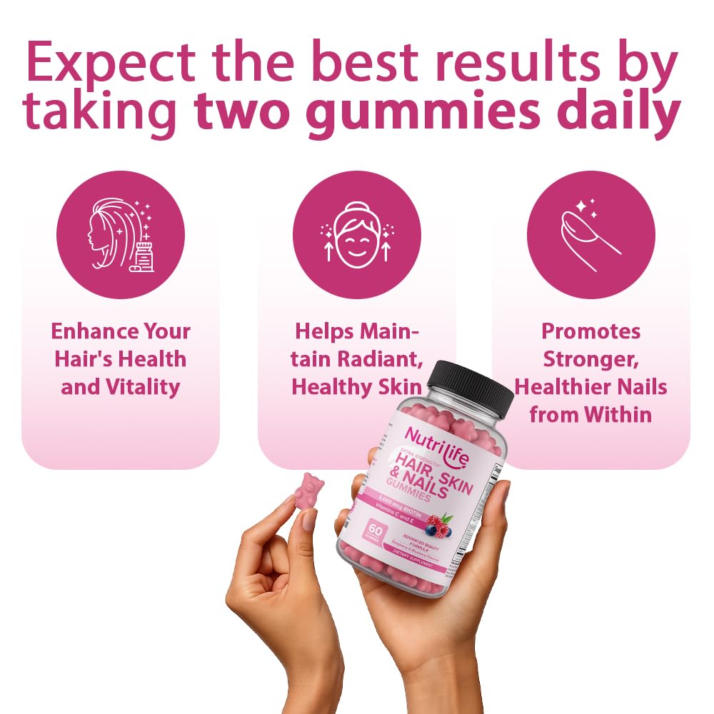 NutriLife Advanced Hair, Skin & Nails Gummies – Biotin with Vitamin C & E – Vegan Beauty Support – Promotes Hair Growth, Strong Nails & Radiant Skin – Non-GMO, Gluten-Free, Made in USA
