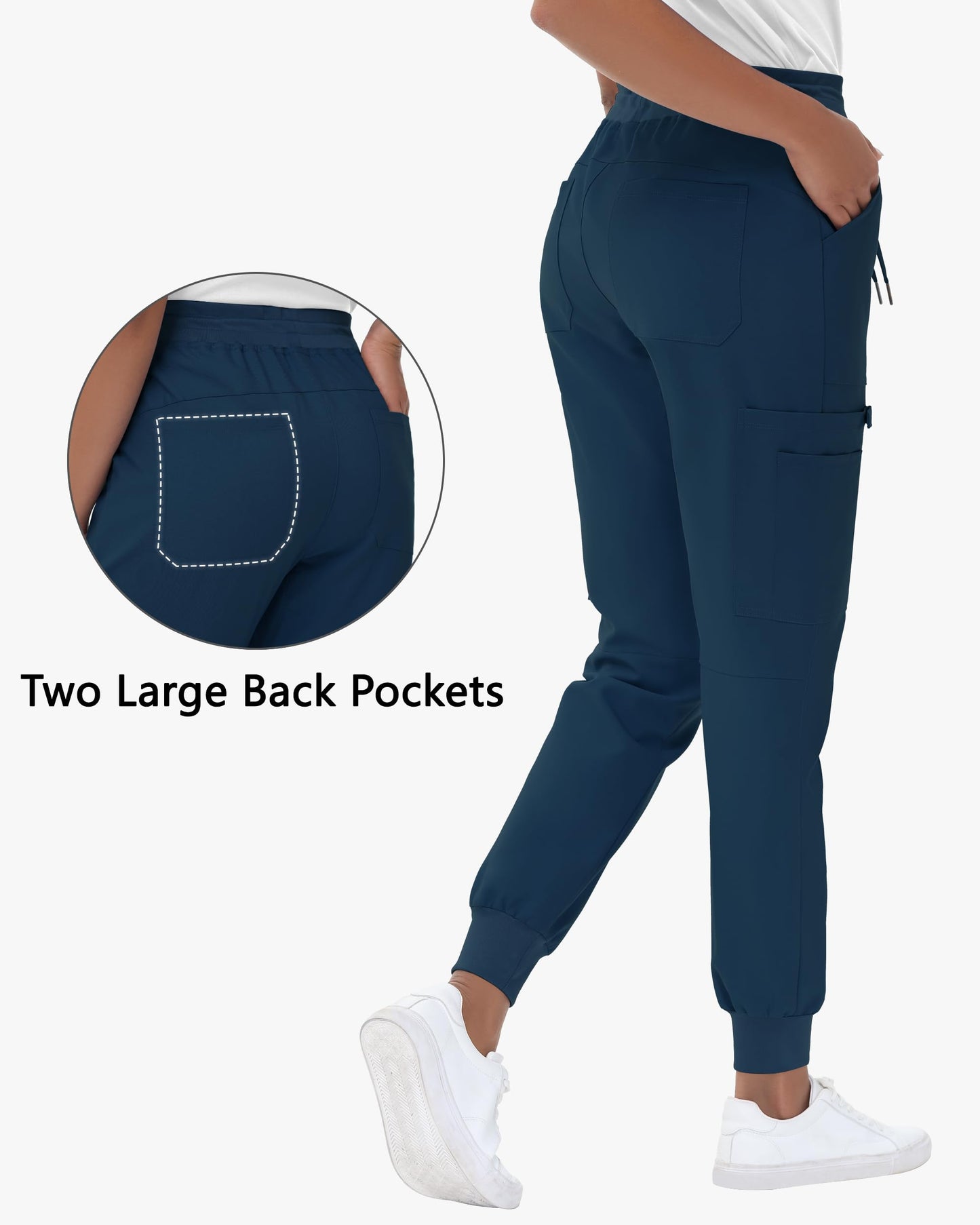 MIVEI High Waisted Jogger Style Scrub Pants for Women - 8 Pockets Medical Bottoms Tapered Yoga Waistband Ribbed Ankle Petite Navy
