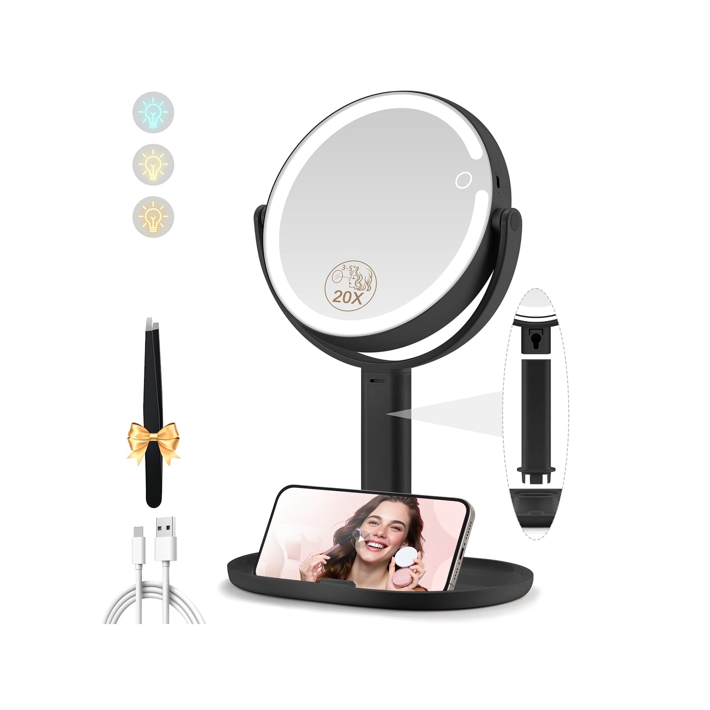 MOMOKUBA Makeup Mirror with Lights, Double Sided 1x/20x Magnifying Mirror with Light, Rechargeable 3 Color Lights Adjustable Brightness, 360° Rotation Detachable Comes with Tweezer (Rose-Gold)