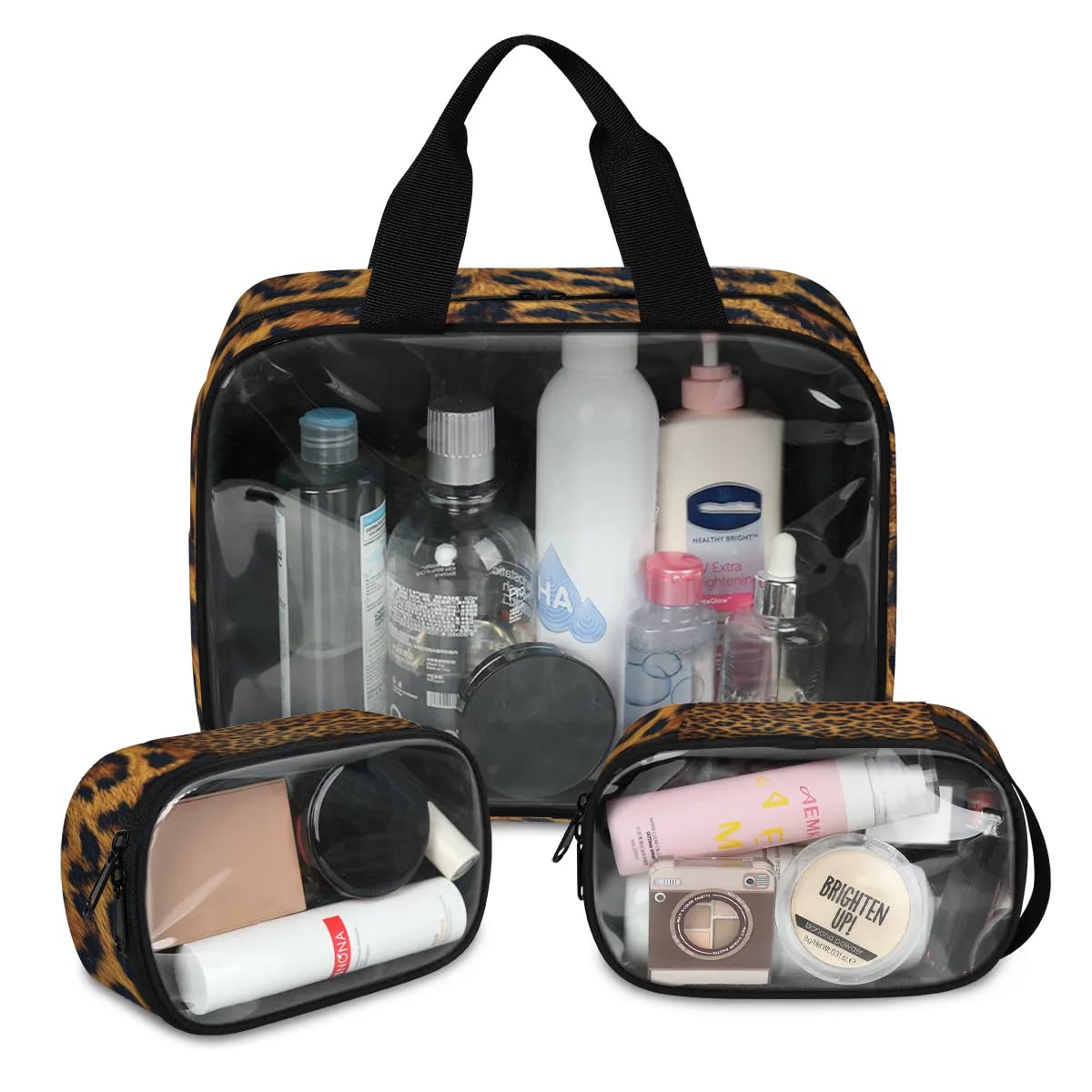 PATTERNFUL Clear Makeup Bag for Women Men, 3Pcs Transparent Cosmetic Bags Waterpoof Toiletries Set Portable Toiletry Bags with Zipper for Travel Bathroom(Leopard)