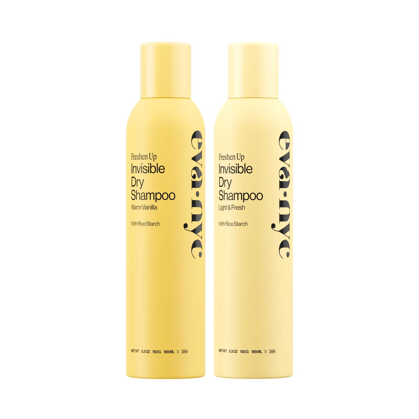 Eva NYC Freshen Up Invisible Dry Shampoo Spray Set - Oil-Absorbing, Odor-Removing Dry Shampoo for Light, Dark & Oily Hair -No White Cast - Warm Vanilla and Light + Fresh Scents - 5.3 fl oz (Pack of 2)