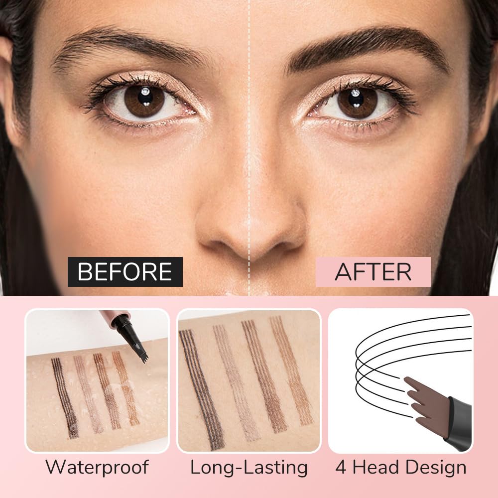 2PCS Waterproof Eyebrow Pen, 4-Tip Eyebrow Pencil Natural Makeup Fine Stroke Magic 3D Microblading Eyebrow Pencils for Women (Dark Brown)