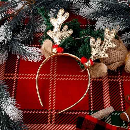 Christmas Reindeer Antlers Headband, Gold Deer Antlers Hair Hoop with Jingle Bells Glitter Antler Ears Headband Xmas Costume for Women Girls