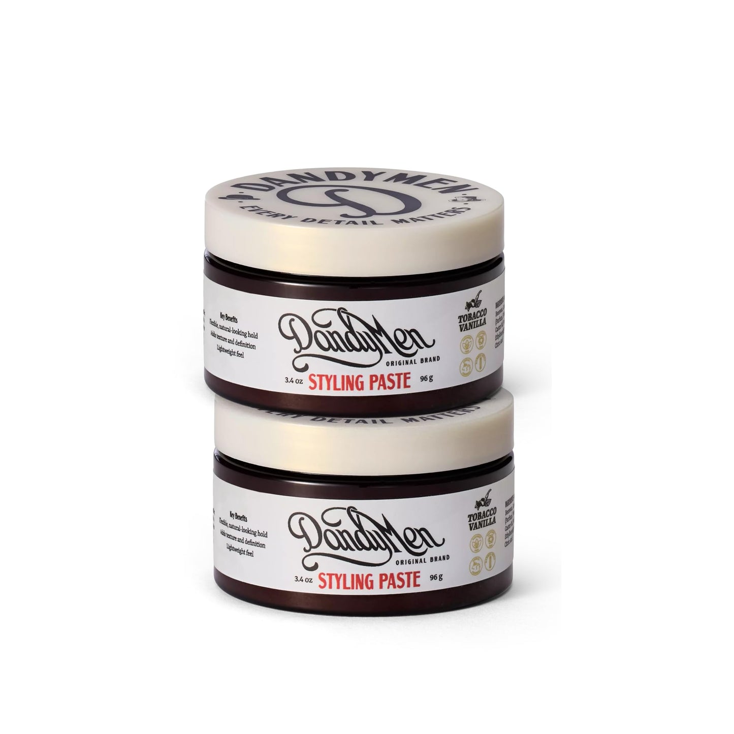 DandyMen Hair Styling Paste for Men | Medium Hold | Flexible Control & Natural Shine | Beeswax with Pro-Vitamin B5 | Tobacco Vanilla Scent | 3.4 oz, 2-Pack