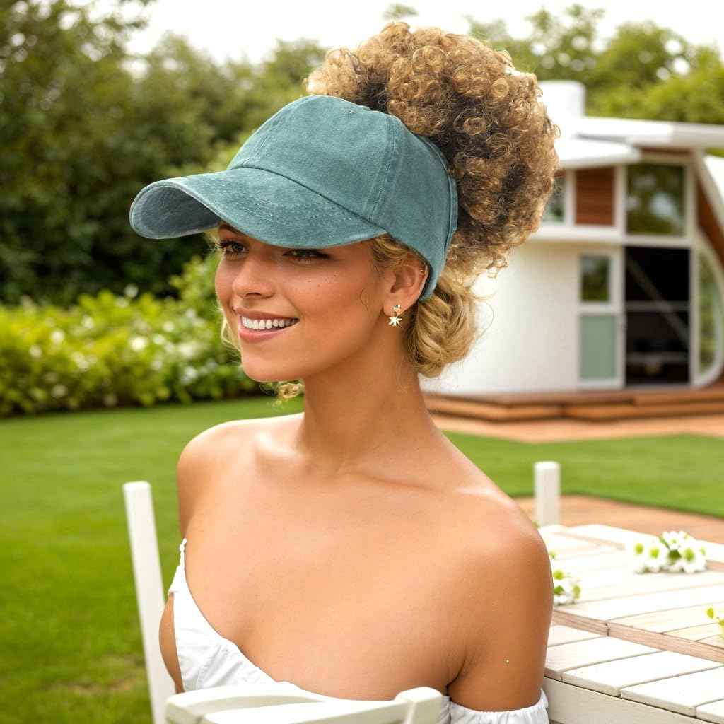 Degfey Women's Backless Baseball Caps for Curly Hair, Satin Lined, 2 Pack (US, Alpha, One Size, Medium, Black+Green)