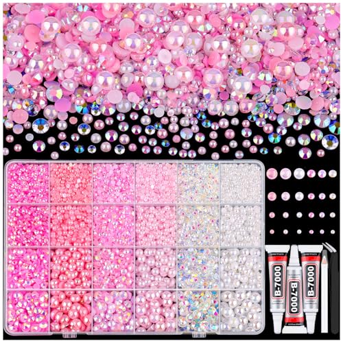 9000PCS Flatback Pearls and Pink Rhinestones for Bedazzling Kit, Pink White 3-10mm Resin Rhinestones Gems and Half Pearls for Crafting, Nail Art and Grad Cap Decor with B7000 Jewelry Glue