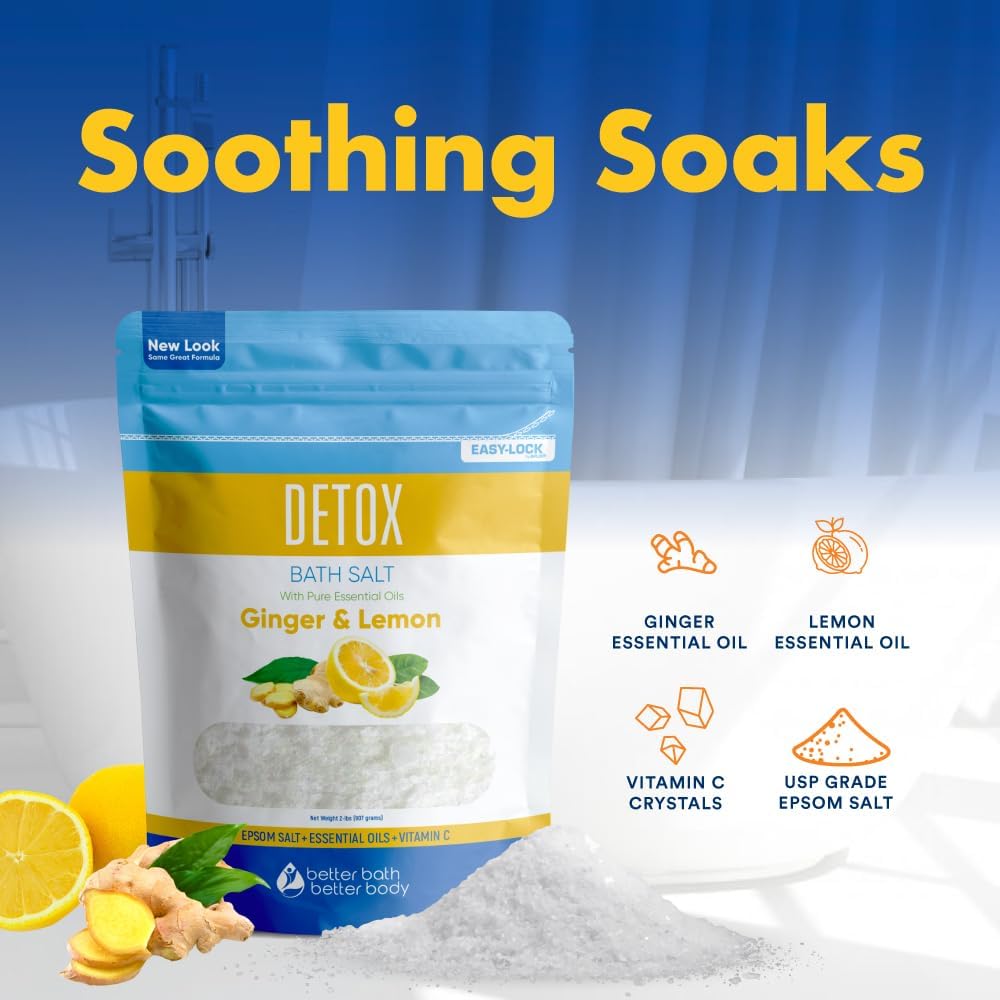 Detox Bath Salt - 32 Ounces USP Grade Epsom Salt with Ginger & Lemon Oils | Vitamin C Infused, BPA-Free Pouch