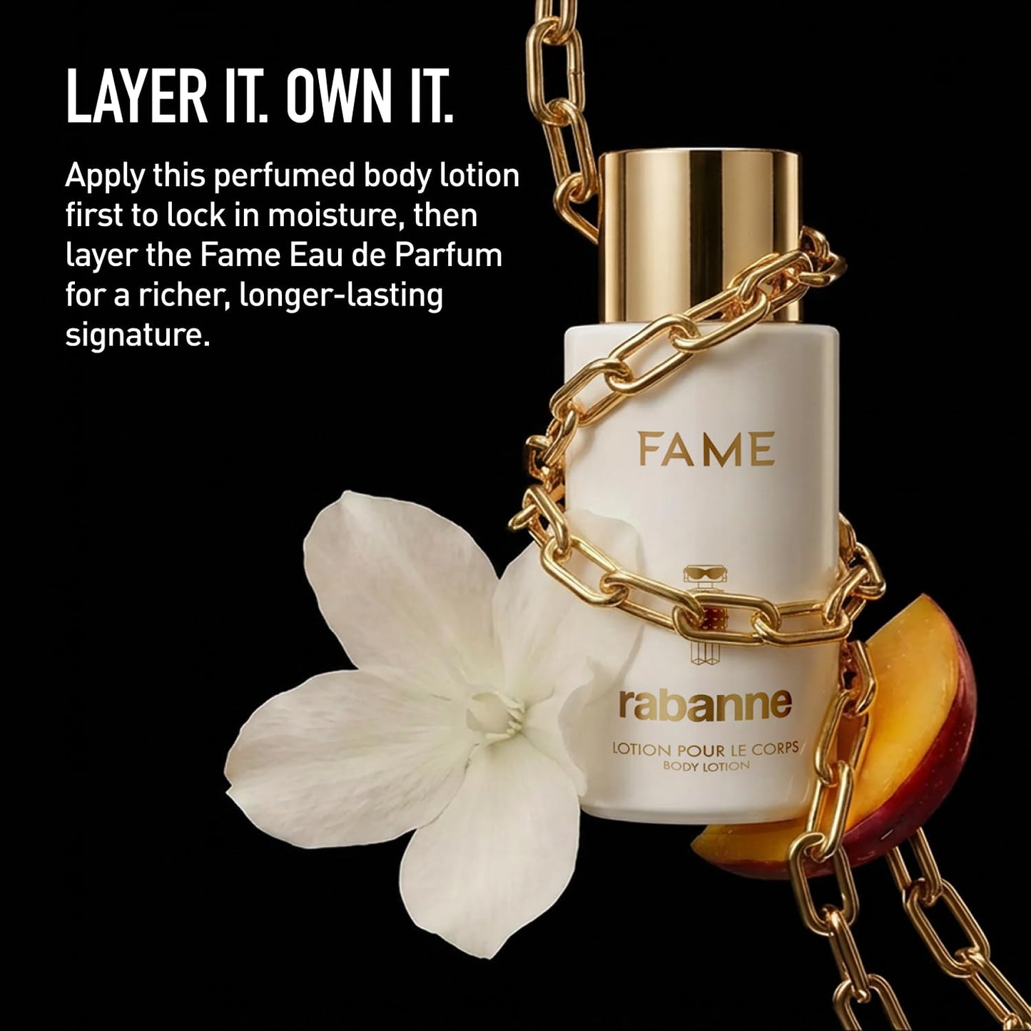 Rabanne Fame Body Lotion for Women - Moisturizing Scented Cream with Jasmine, Mango & Incense - Fruity Floral Perfumed Hydrating Formula for Dry Skin, Pairs with Fame Perfume, 6.8 oz