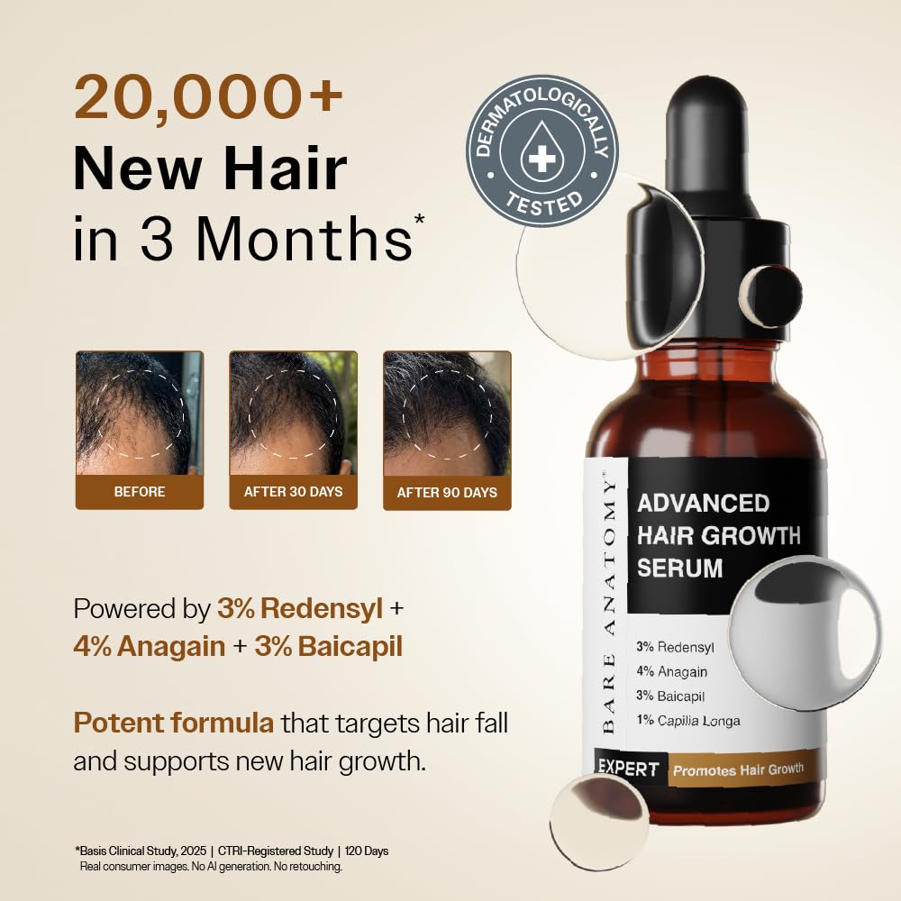 Bare Anatomy Advanced Hair Growth Serum| 3% Redensyl - 2x Better Results than Minoxidil | + 4% Anagain + 3% Baicapil | Rosemary, Biotin | Hair growth & Hair fall control serum for Women & Men | 30mL