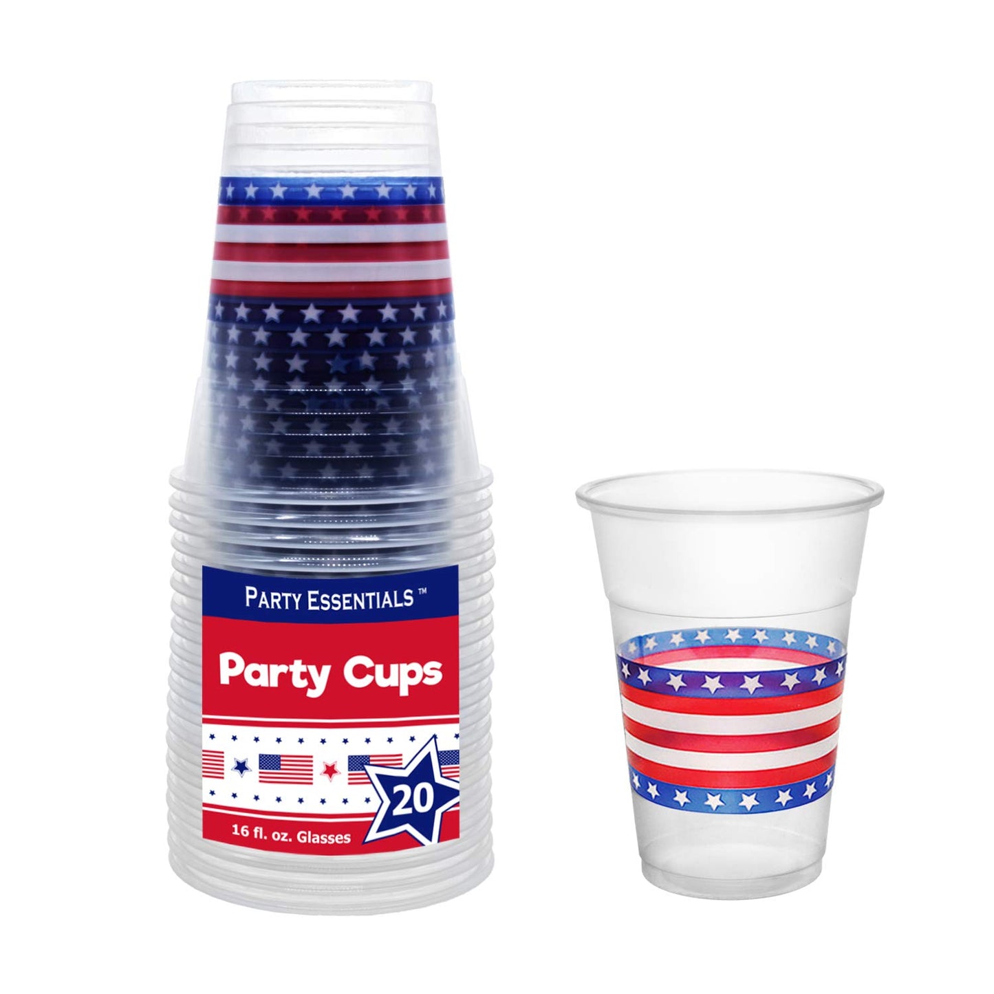 Party Essentials 20Count Soft Plastic 16 oz Printed Party Cups, Stars & Stripes, Clear