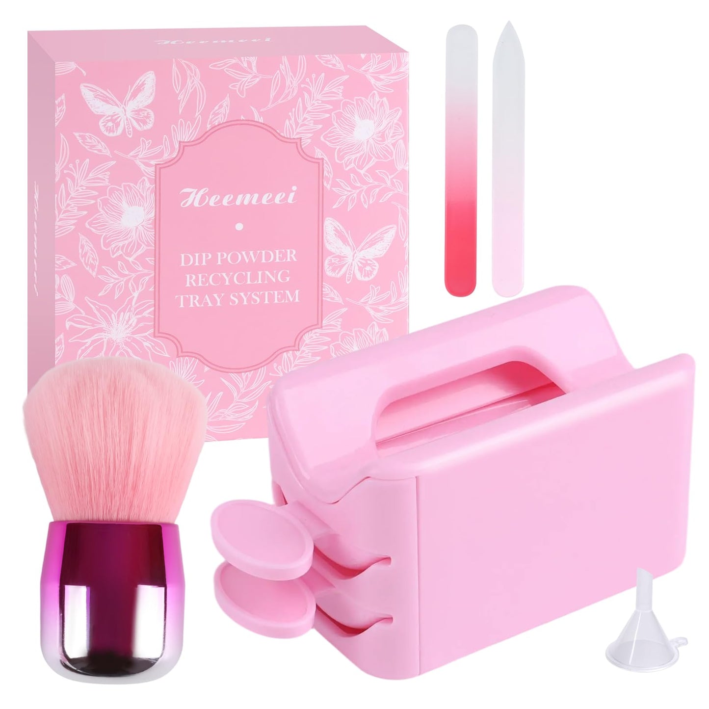 heemeei Dip Powder Recycling Tray System, Portable Nail Dip Powder Tray Kit with Nail Dust Brush, Glass Nail File, French Nail Art Manicure Essential Tool, Makeup Tool Glitter Saver