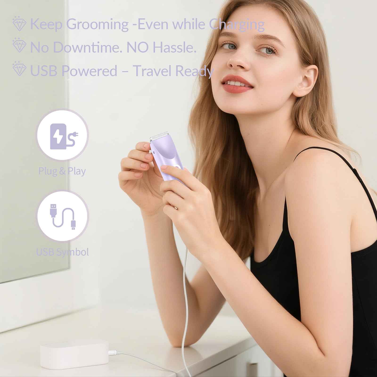 Bikini Trimmer for Women – 2-in-1 Electric Razor with Dual Heads, Ceramic Blades, Wet & Dry Use, USB Rechargeable, Skin-Friendly Shaver for Bikini Line, Underarms & Sensitive Areas – Lavender Purple